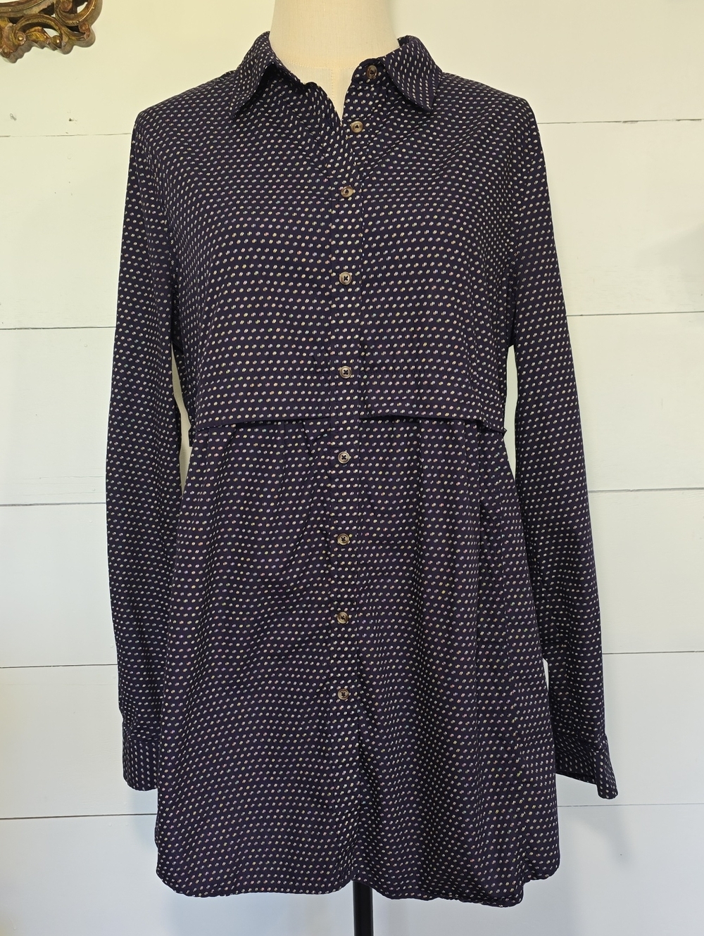 Anthropologie Maeve Aled Navy Blue Polka Dot Tunic Button Down Shirt Top Sz L